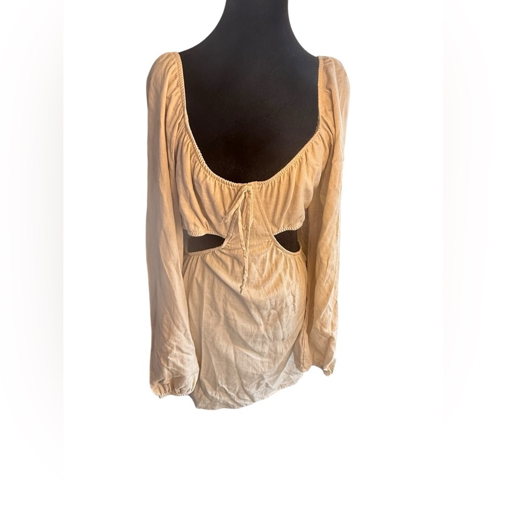 Wild Fable XXL Linen Blend Cut Out Mini Dress NWT Boho Cottagecore Light Taupe - Picture 2 of 10